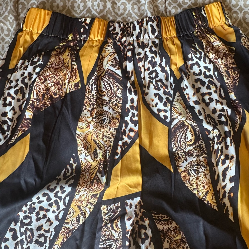 Animal Print Maxi Dress Pants with Yellow & Gold Accents